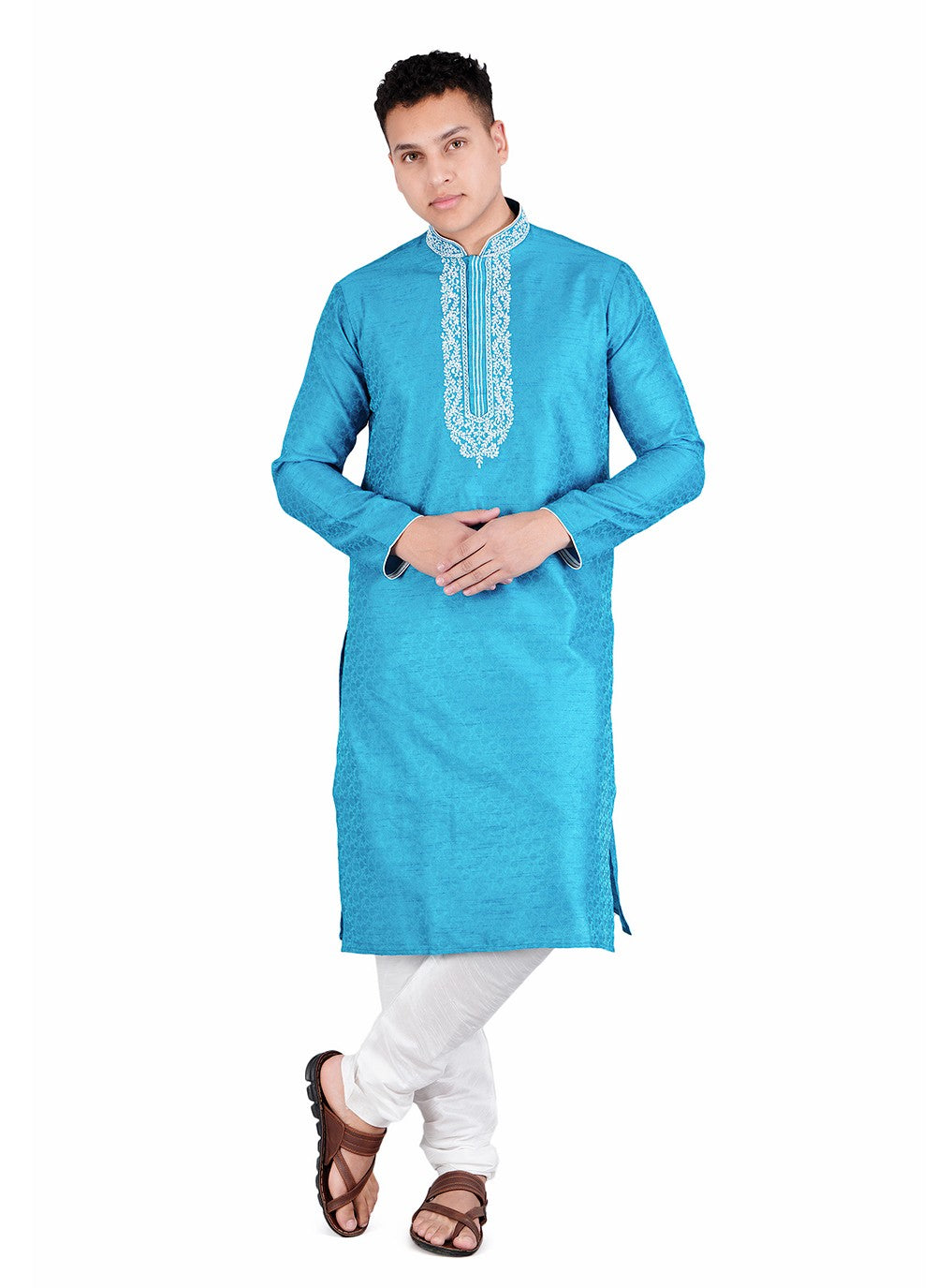 Machine Embroidery Jacquard, Satin Aqua Blue Kurta Pyjama - M6531