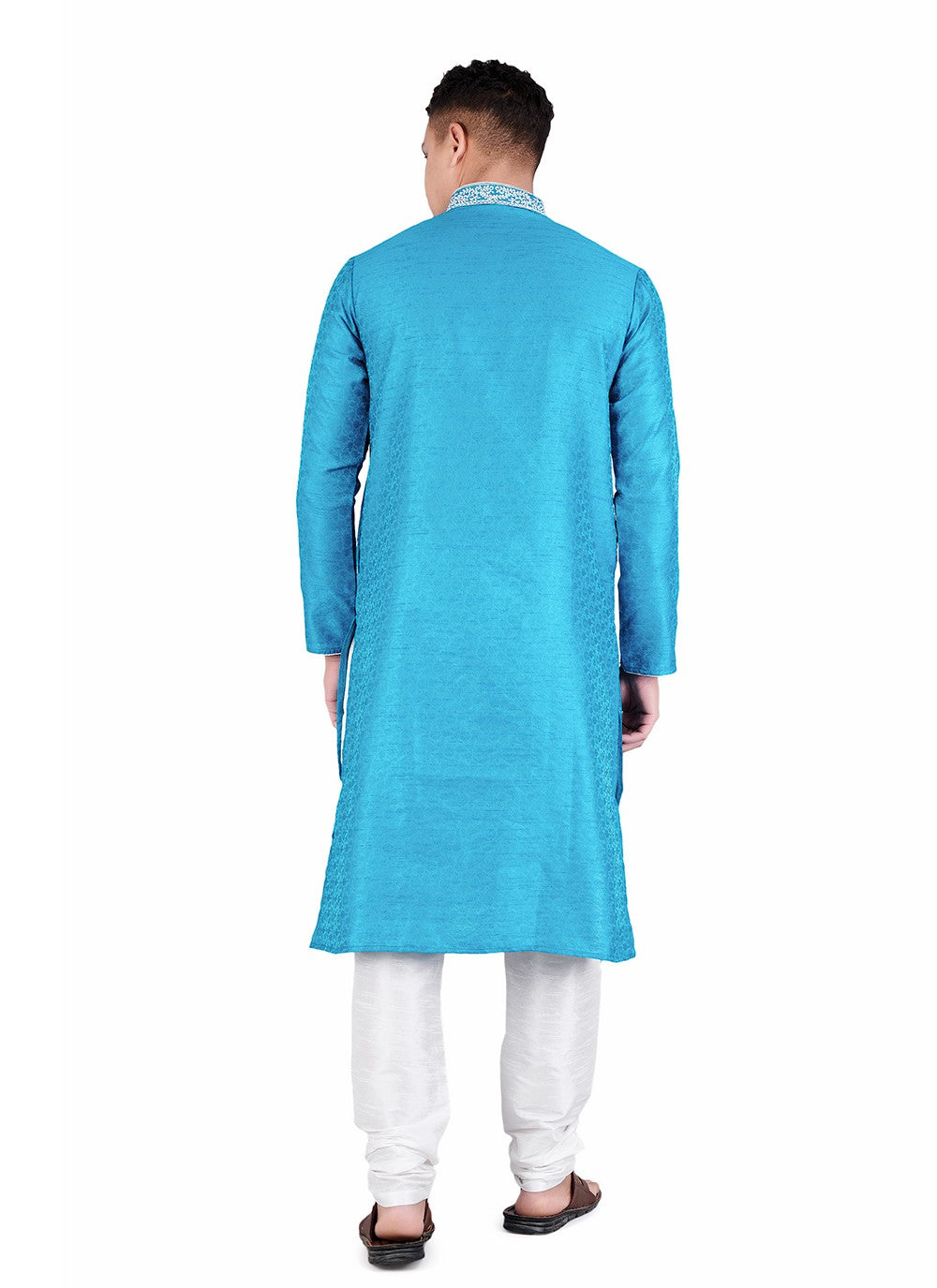 Machine Embroidery Jacquard, Satin Aqua Blue Kurta Pyjama - M6531