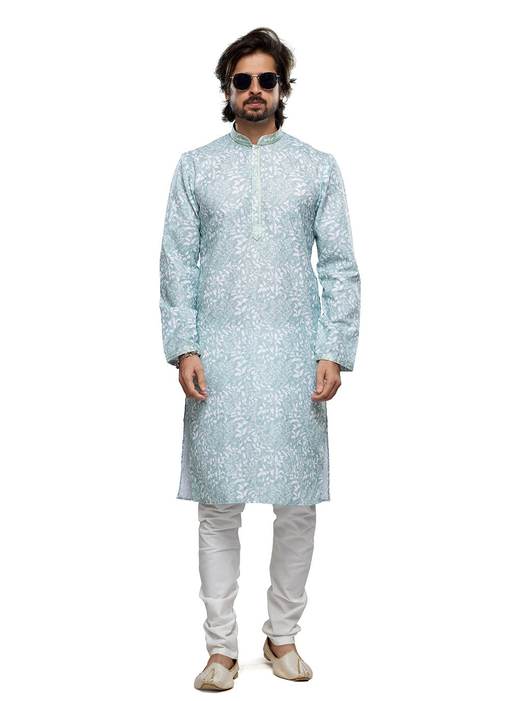 Digital Print Cotton Aqua Blue Kurta Pyjama - M6733