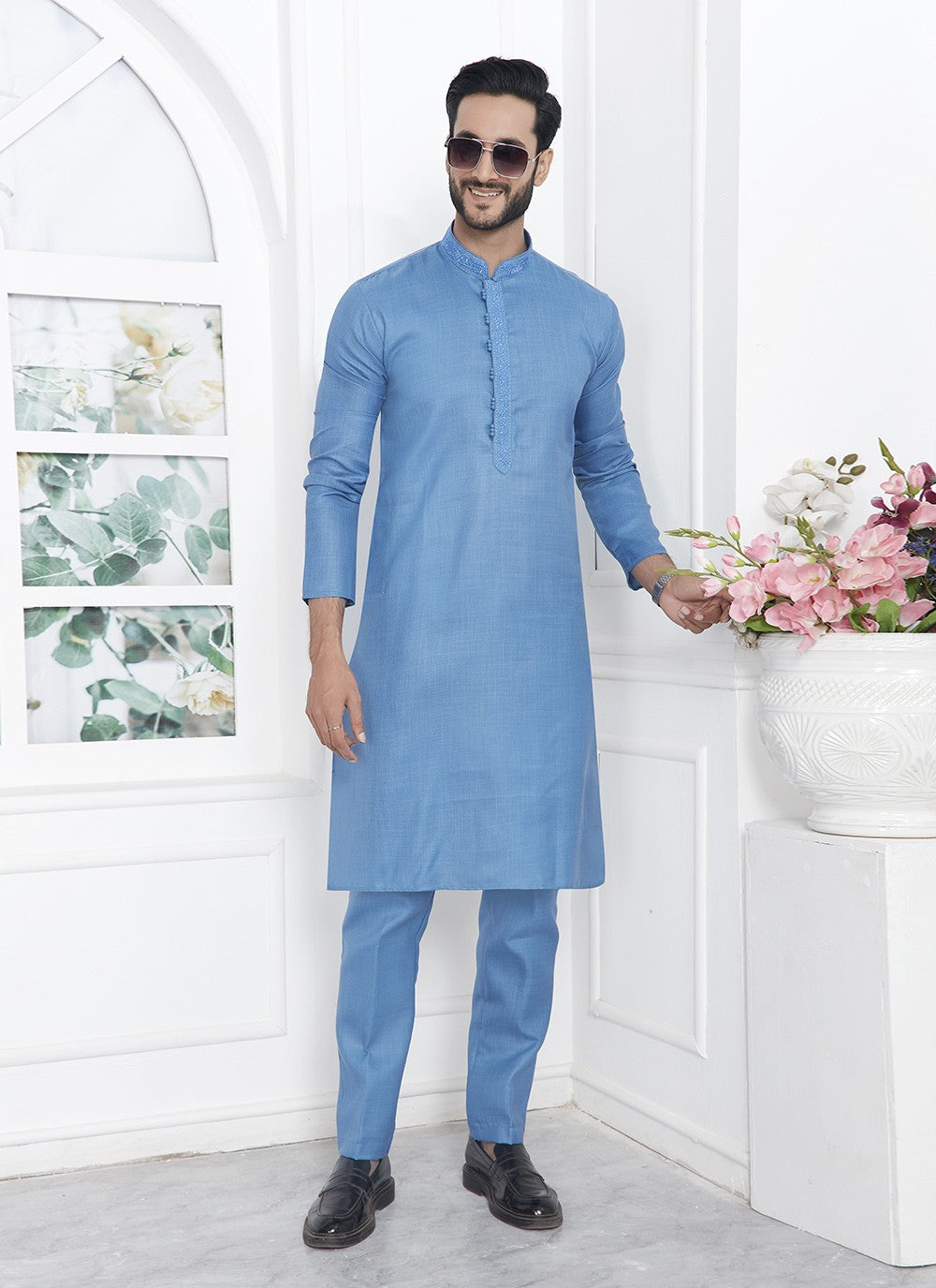 Fancy Work Cotton , Linen Aqua Blue Kurta Pyjama - M7108