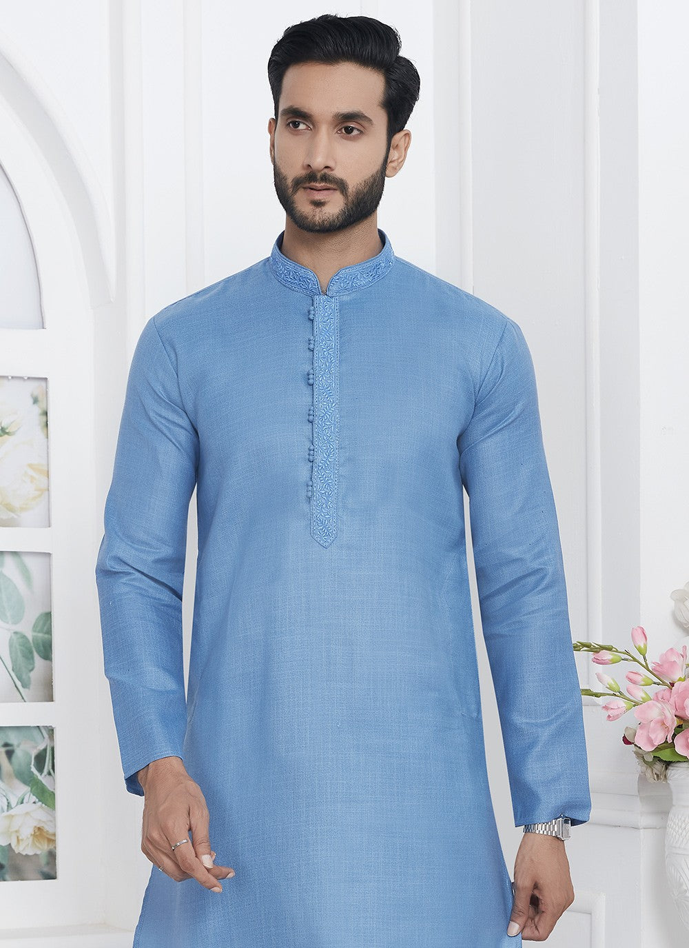 Fancy Work Cotton , Linen Aqua Blue Kurta Pyjama - M7108