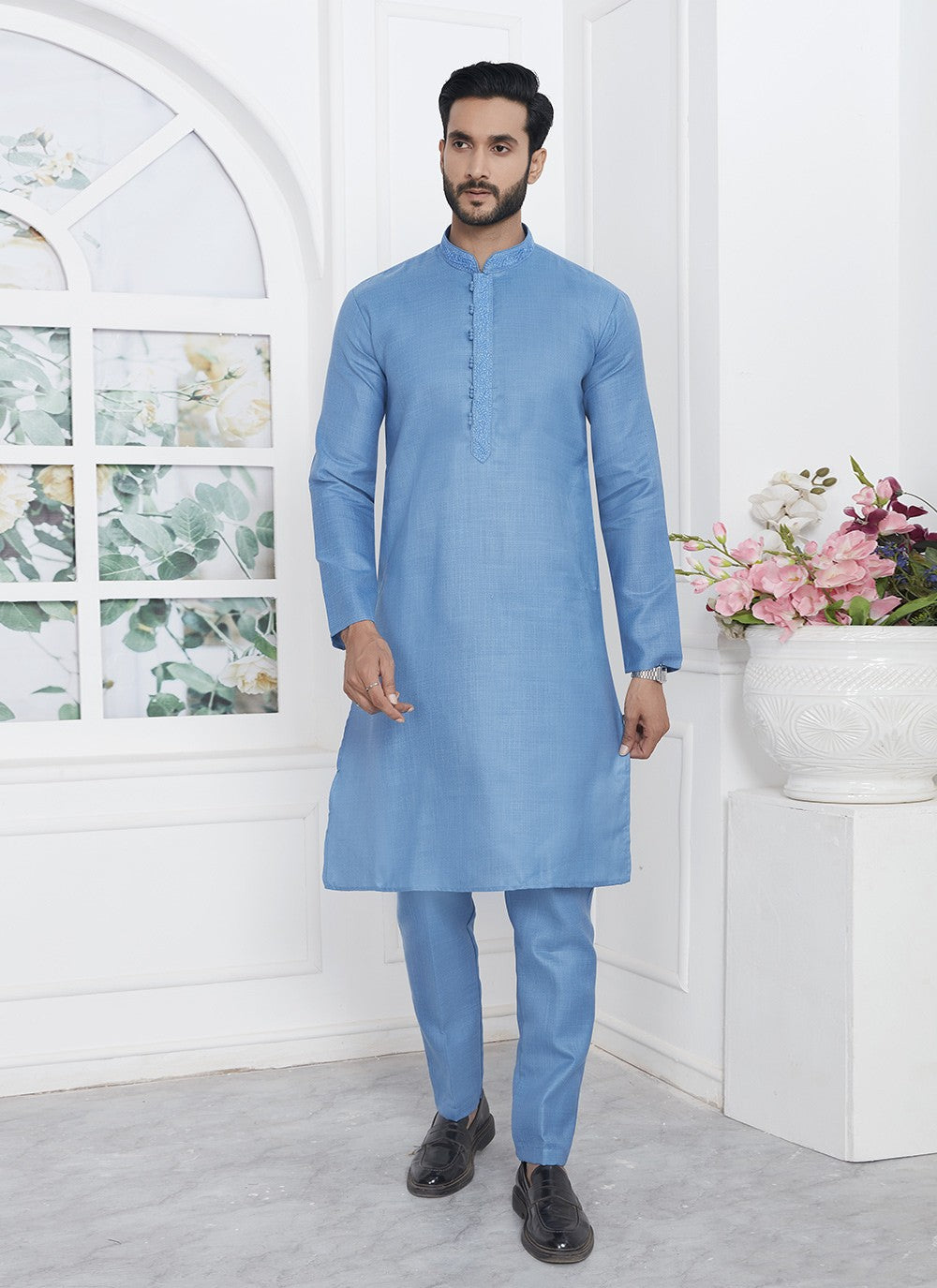 Fancy Work Cotton , Linen Aqua Blue Kurta Pyjama - M7108