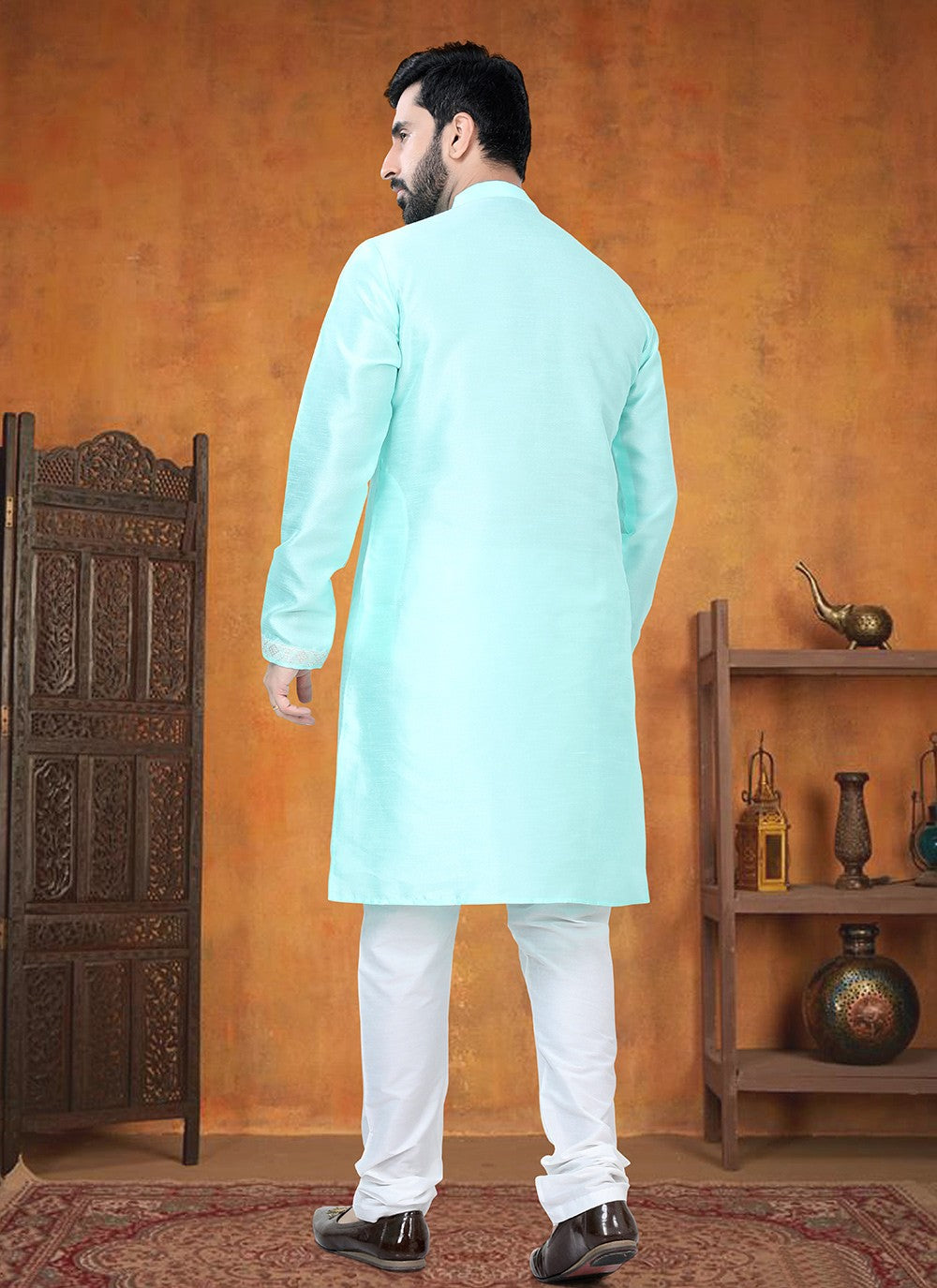 Patch Silk Aqua Blue Kurta Pyjama - M8762