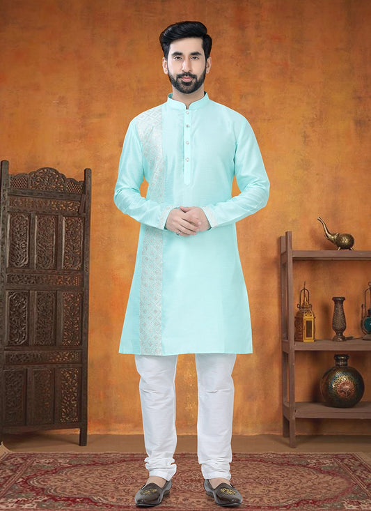 Patch Silk Aqua Blue Kurta Pyjama - M8762