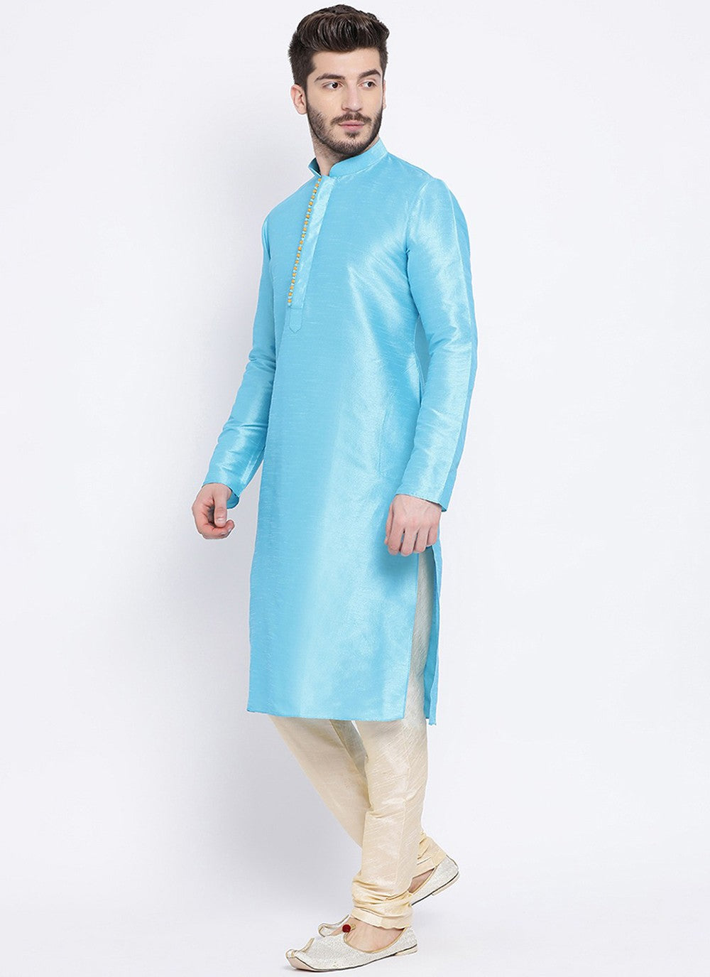 Plain Dupion Silk Aqua Blue Kurta Pyjama - M2005