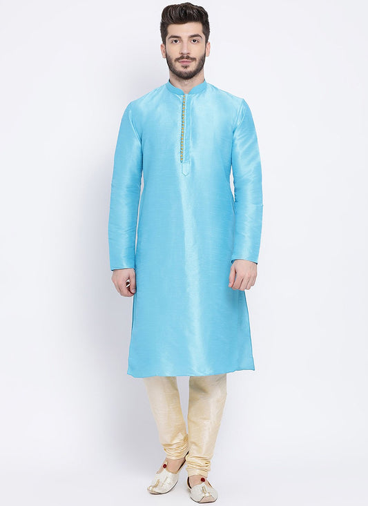 Plain Dupion Silk Aqua Blue Kurta Pyjama - M2005