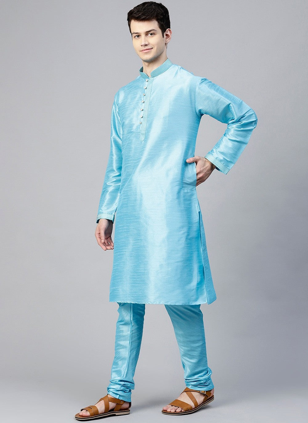 Plain Dupion Silk Aqua Blue Kurta Pyjama - M2412