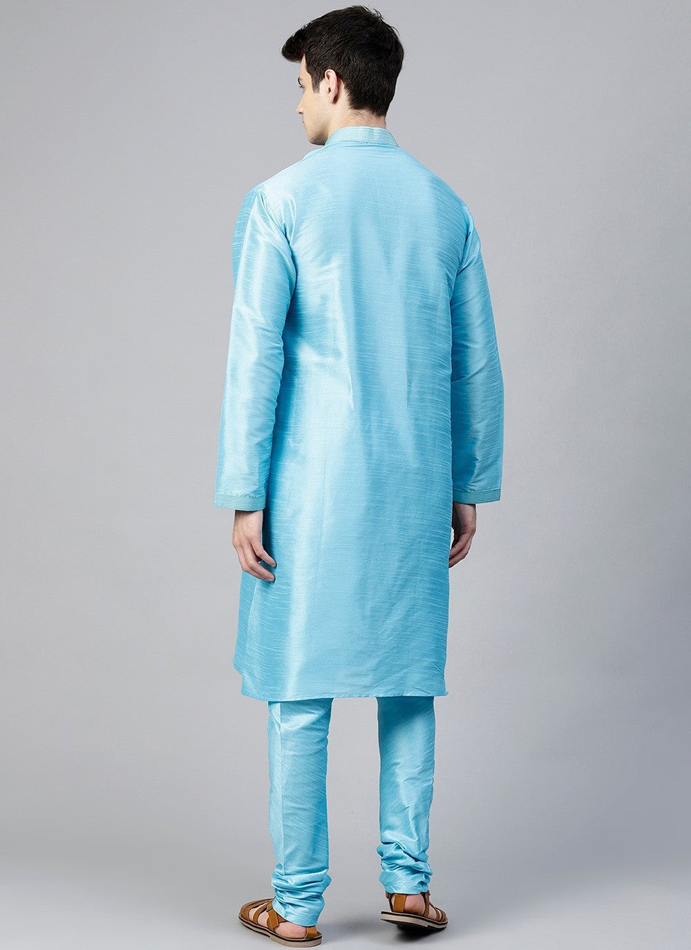 Plain Dupion Silk Aqua Blue Kurta Pyjama - M2412