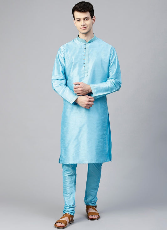 Plain Dupion Silk Aqua Blue Kurta Pyjama - M2412