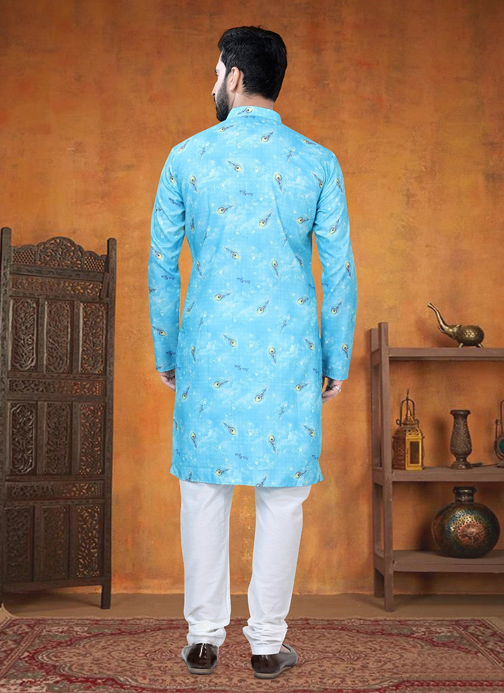 Printed Cotton Aqua Blue Kurta Pyjama - M8793