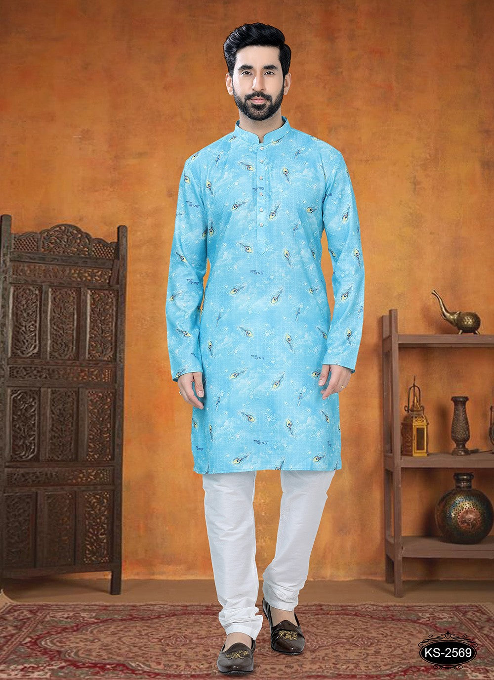 Printed Cotton Aqua Blue Kurta Pyjama - M8793