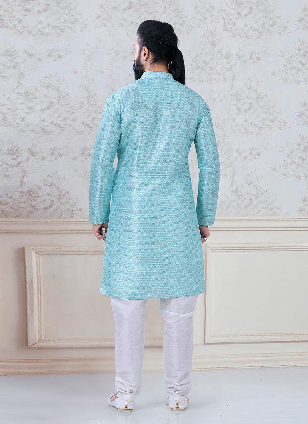 Printed Silk Aqua Blue Kurta Pyjama - M3087