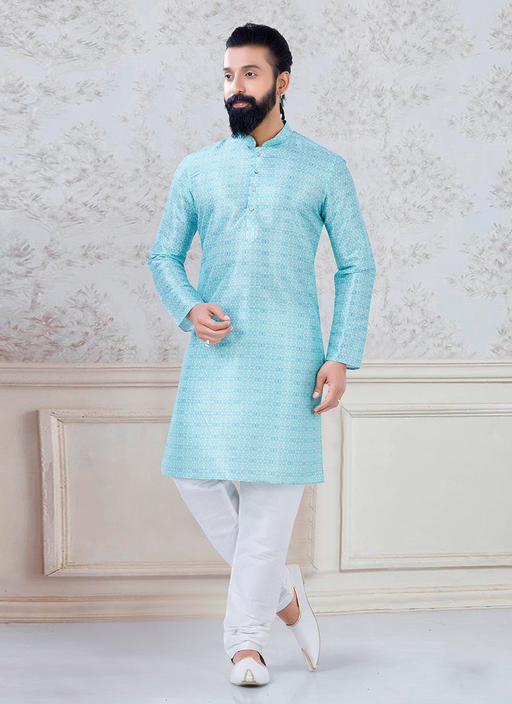 Printed Silk Aqua Blue Kurta Pyjama - M3087