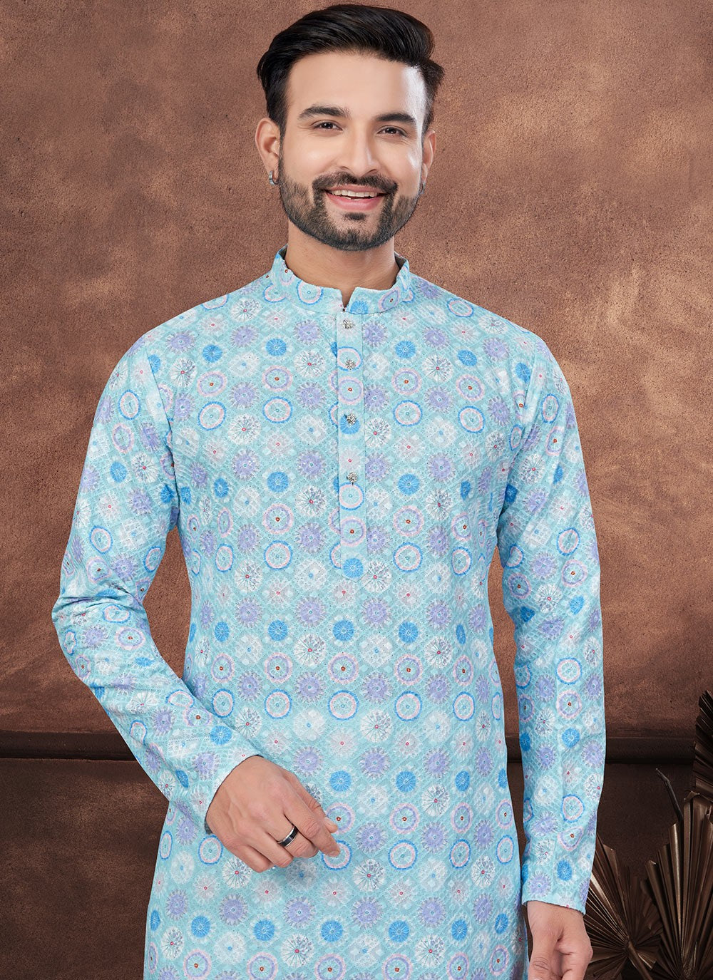 Digital Print Rayon Aqua Blue Kurta Pyjama - M8698