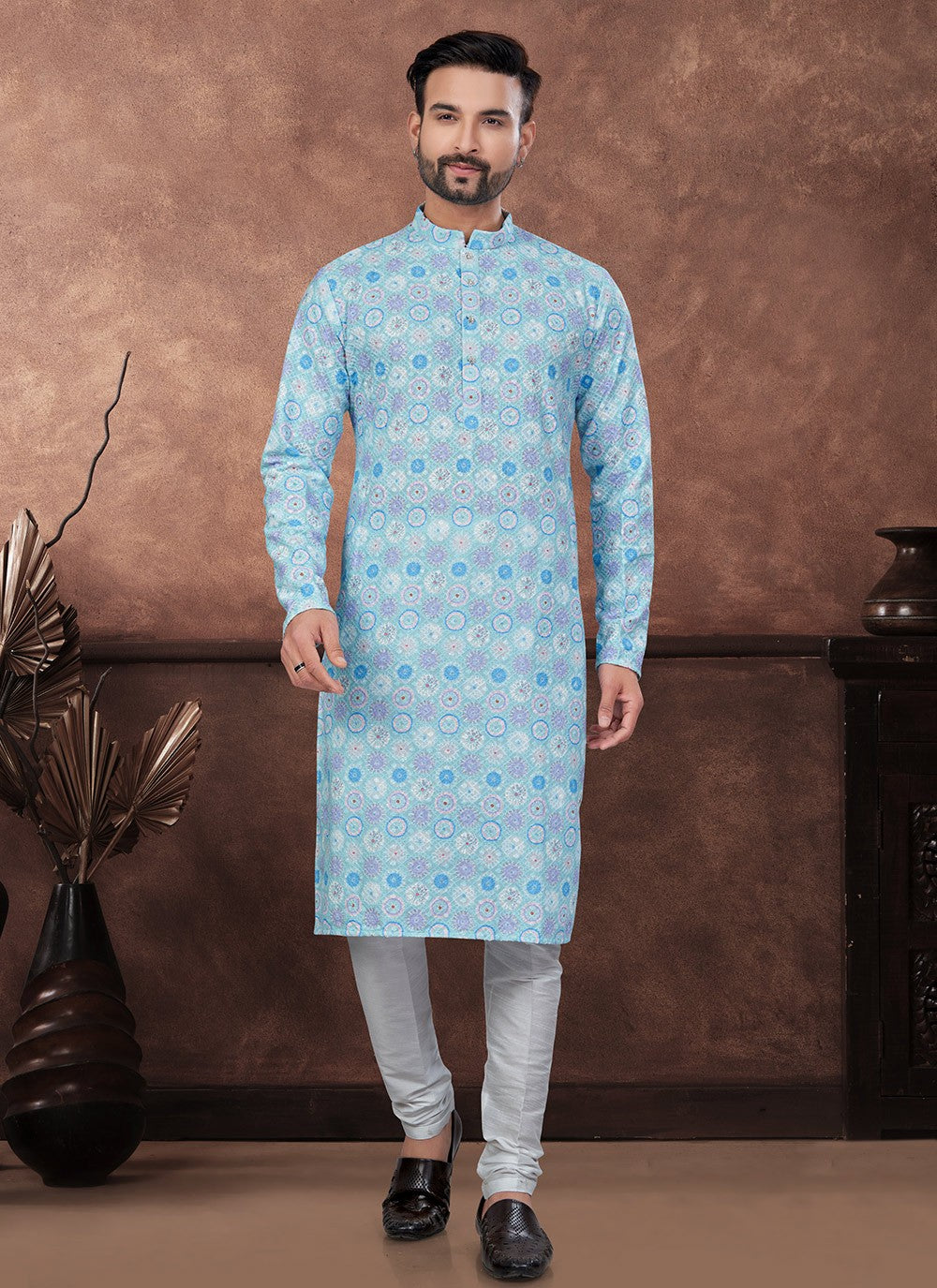 Digital Print Rayon Aqua Blue Kurta Pyjama - M8698