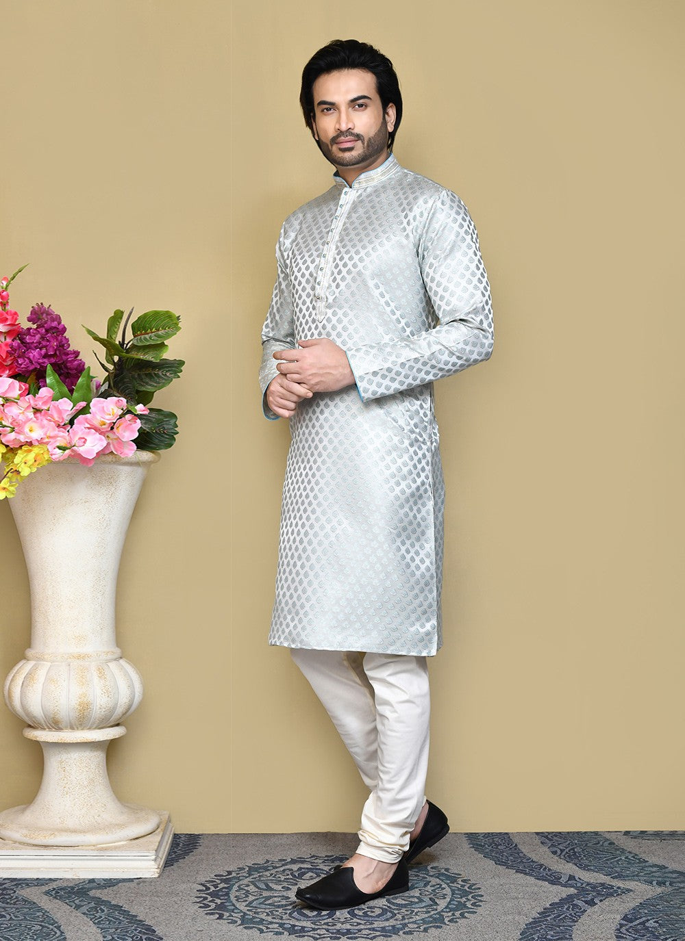 Embroidered Art Silk Aqua Blue Kurta Pyjama - M7813