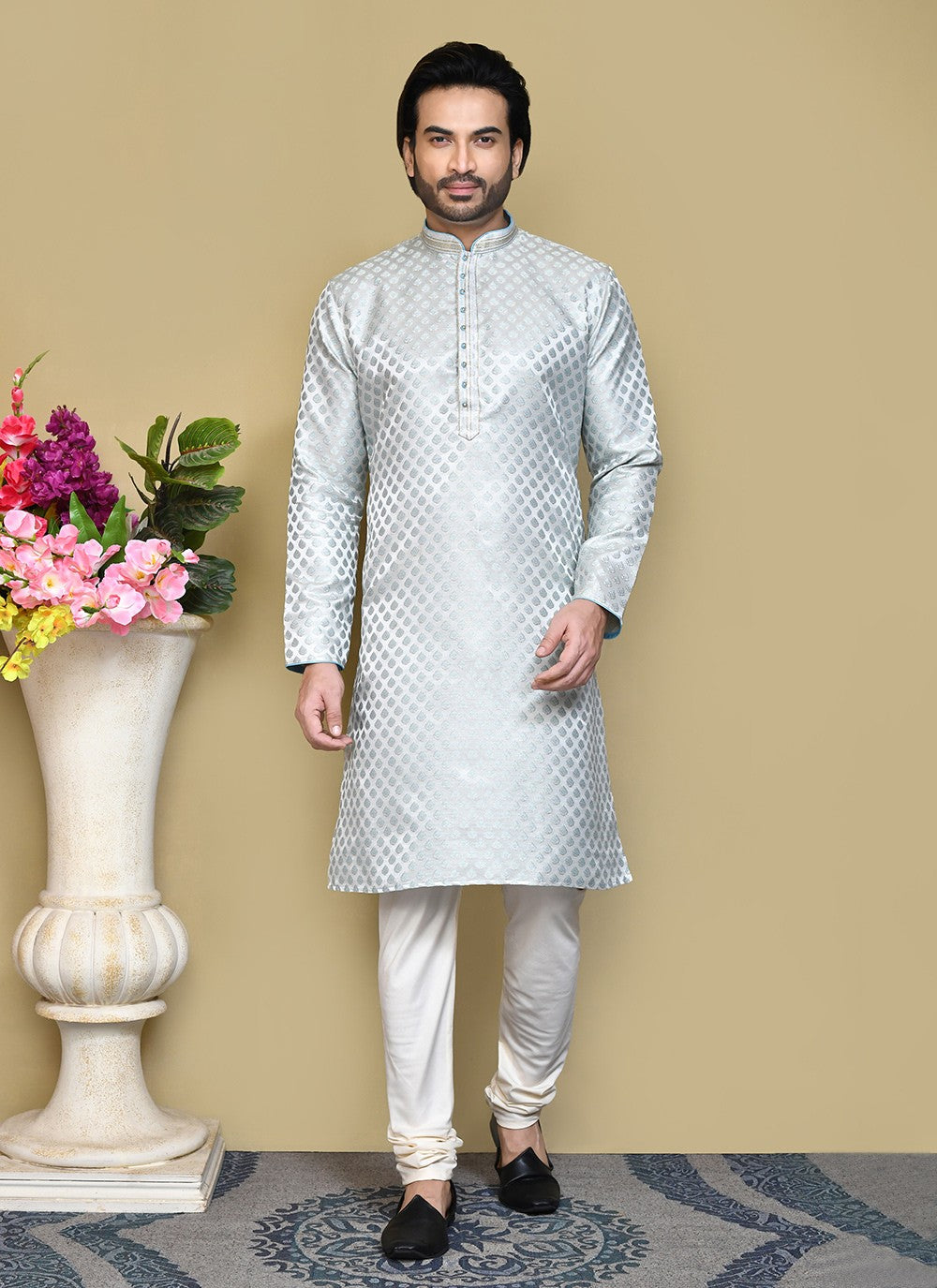 Embroidered Art Silk Aqua Blue Kurta Pyjama - M7813