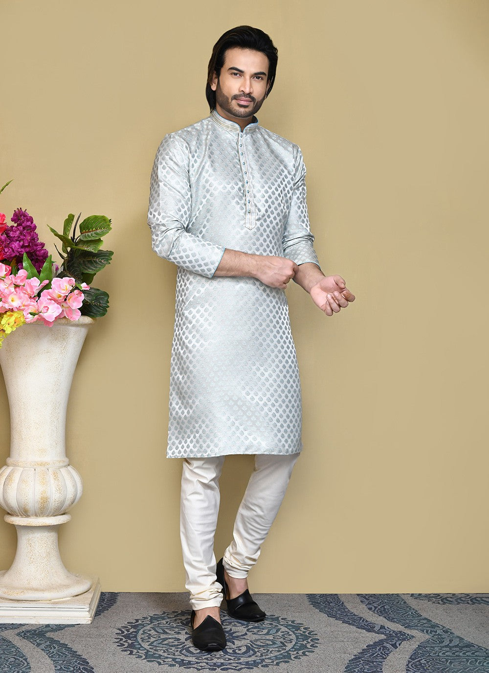 Embroidered Art Silk Aqua Blue Kurta Pyjama - M7813