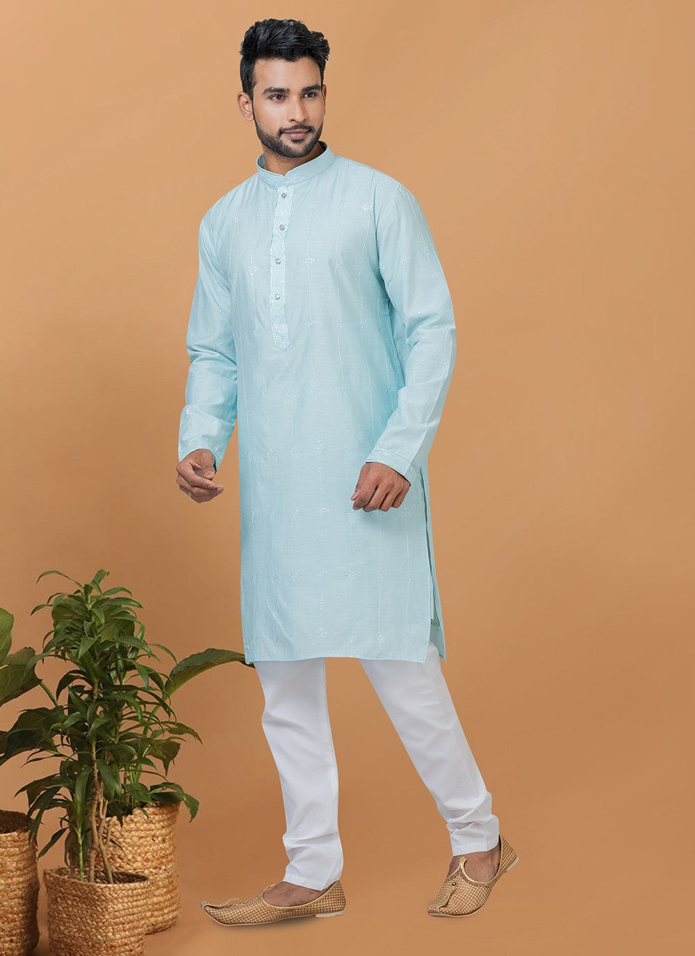 Embroidered Cotton , Viscose Aqua Blue Kurta Pyjama - M6269