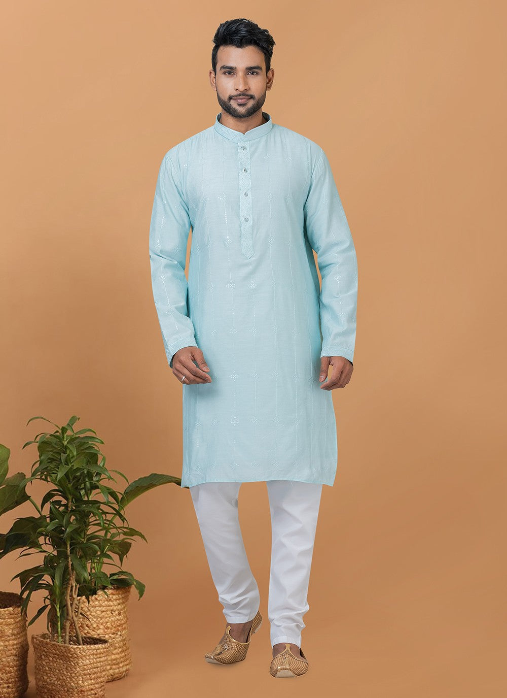 Embroidered Cotton , Viscose Aqua Blue Kurta Pyjama - M6269