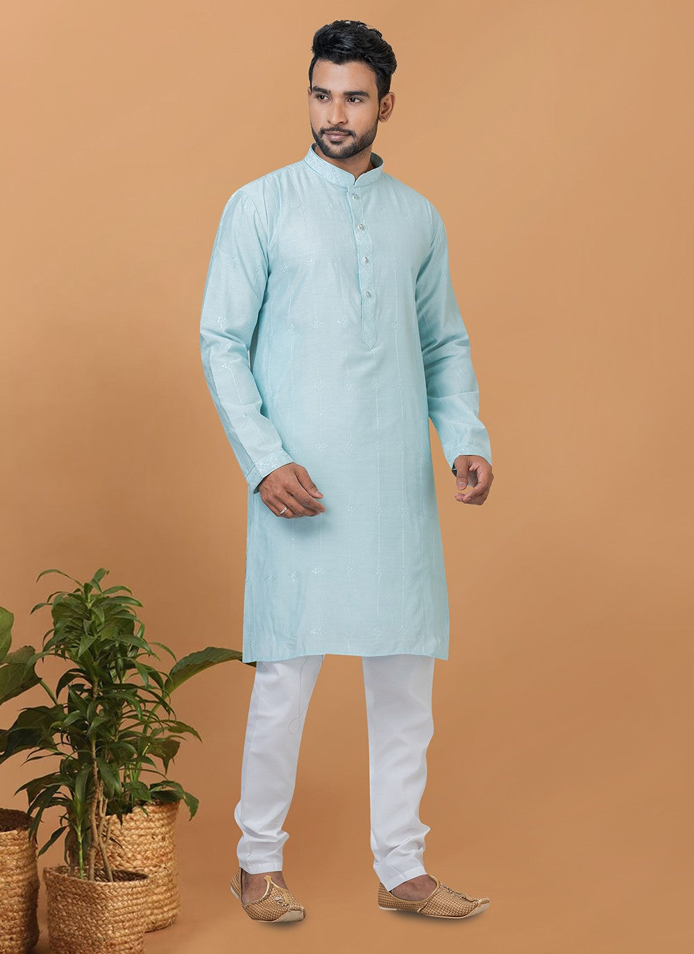 Embroidered Cotton , Viscose Aqua Blue Kurta Pyjama - M6269