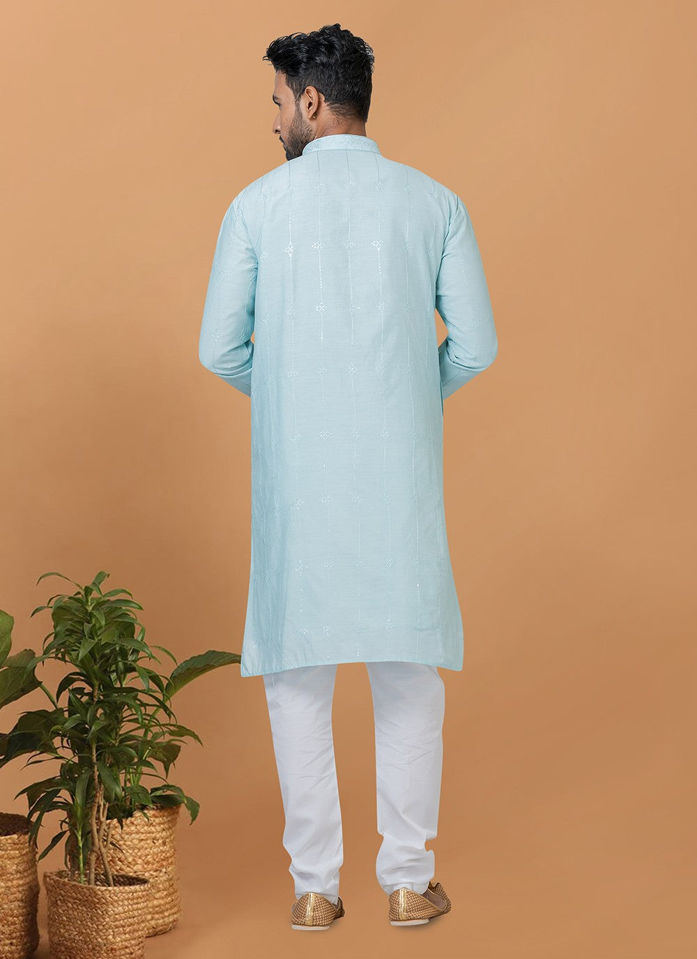 Embroidered Cotton , Viscose Aqua Blue Kurta Pyjama - M6269