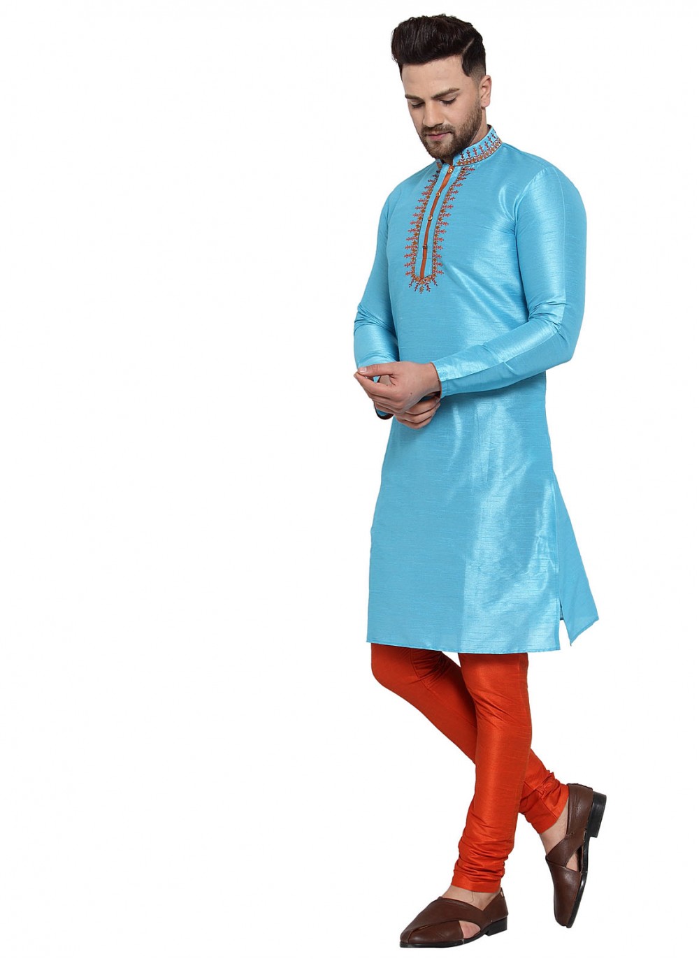 Embroidered Banarasi Silk Aqua Blue Kurta Pyjama - M1622