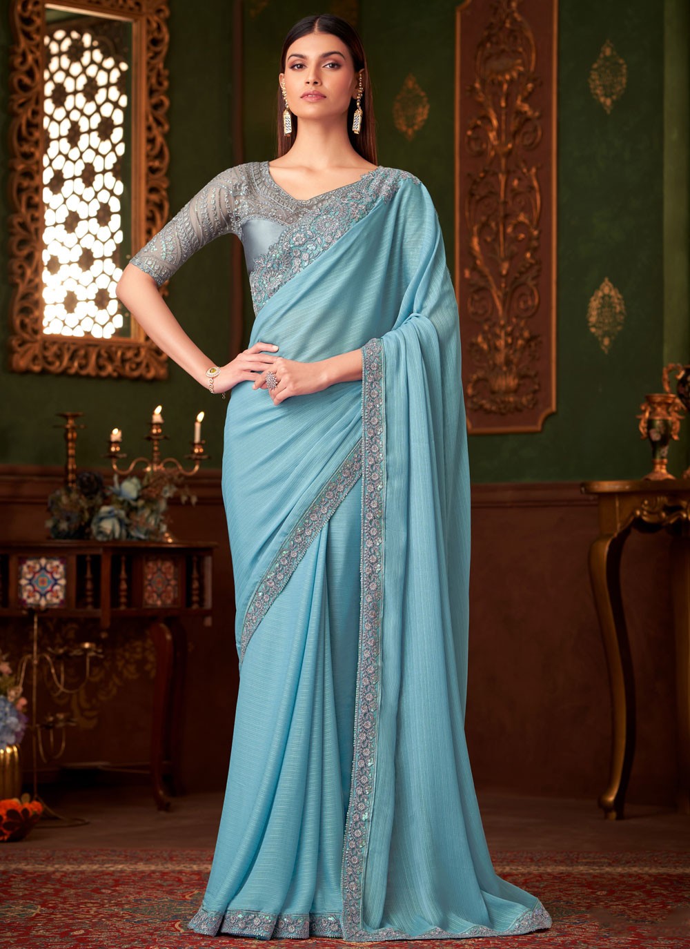 Embroidered, Sequins Chiffon Saree - S11813