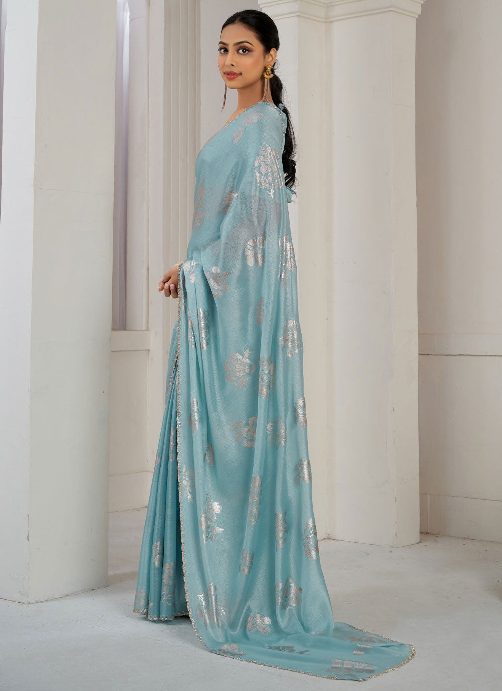 Trendy Border Work Satin Silk Sea Green Saree - S10849