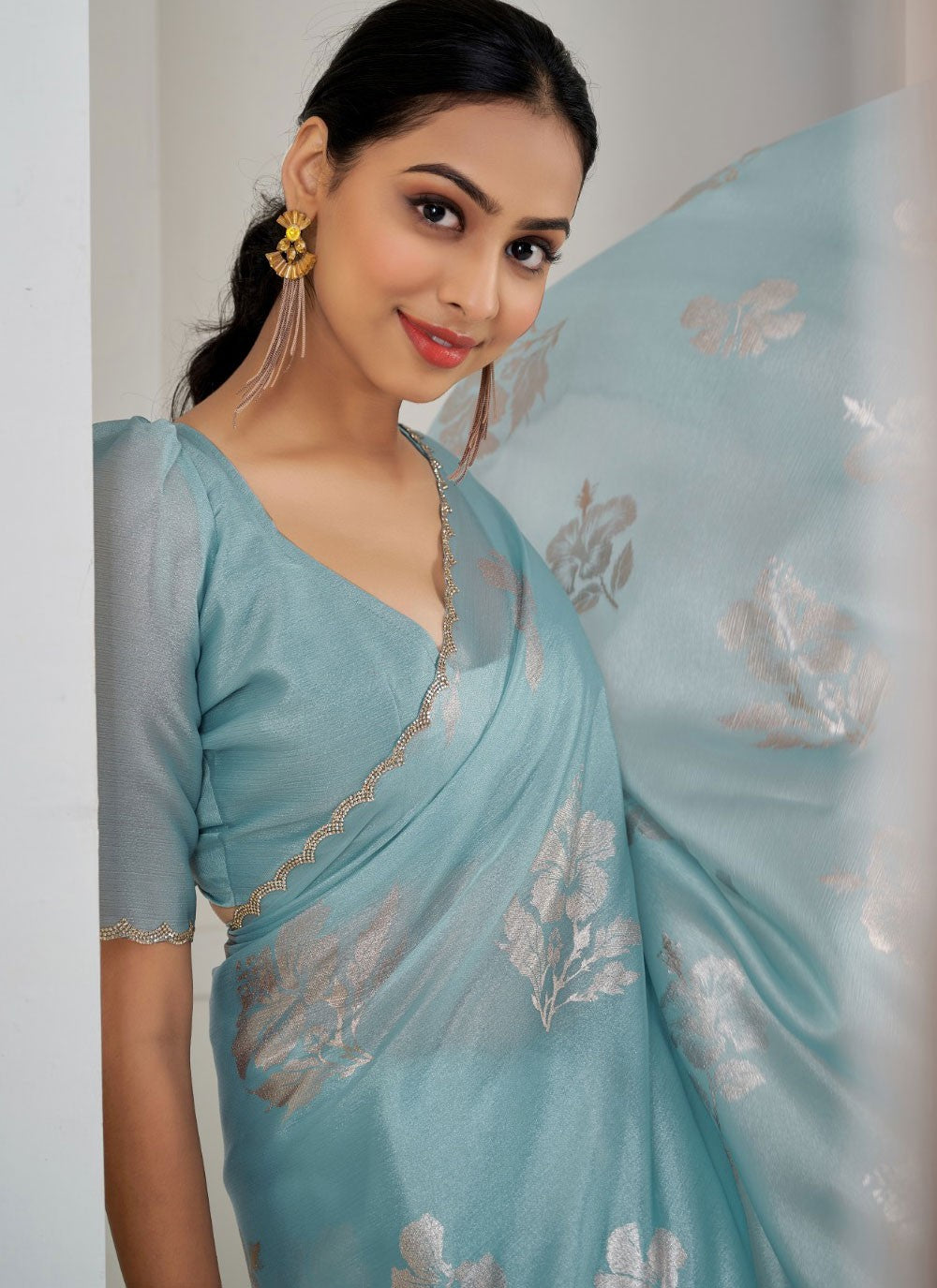 Trendy Border Work Satin Silk Sea Green Saree - S10849