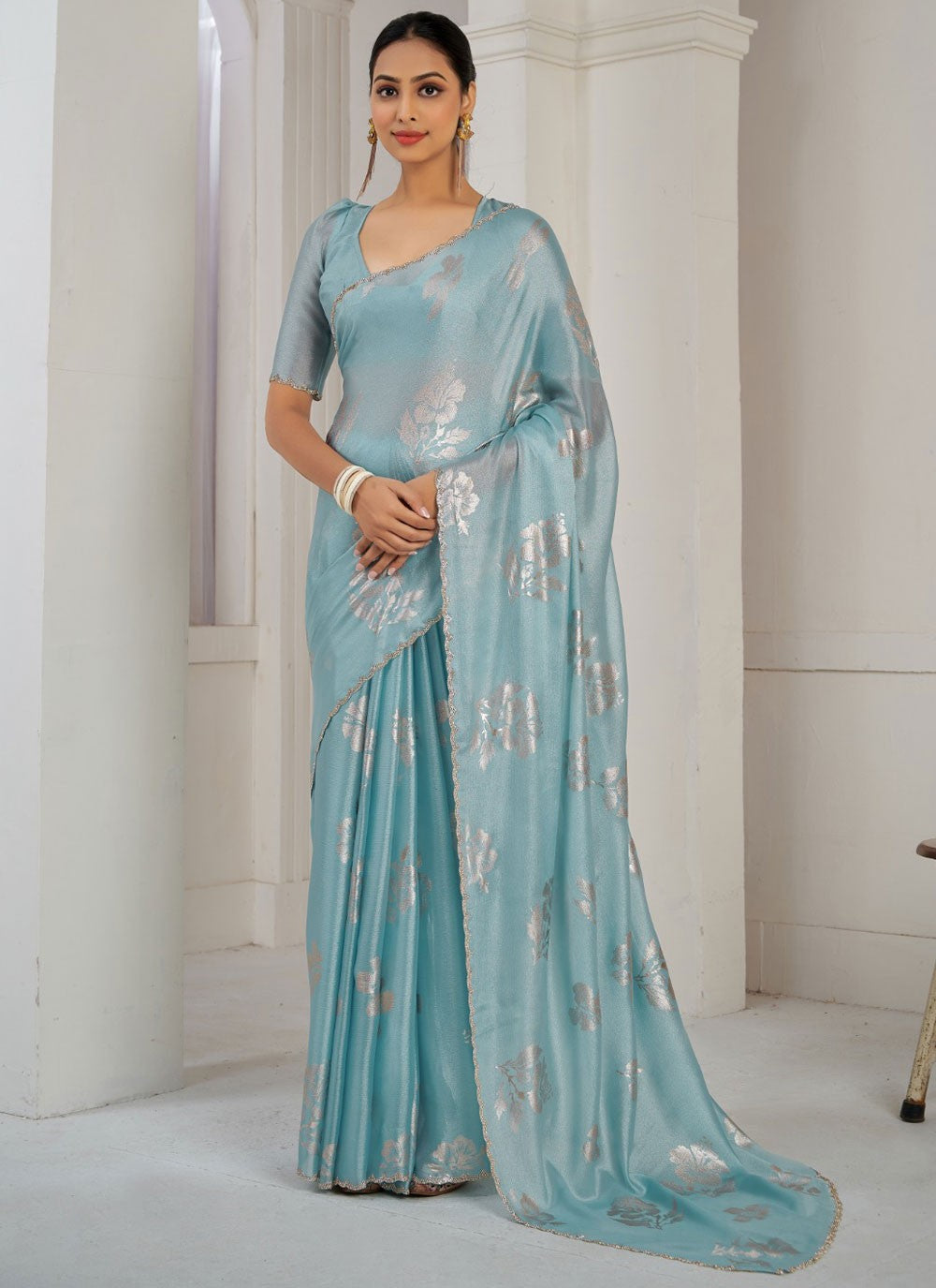 Trendy Border Work Satin Silk Sea Green Saree - S10849