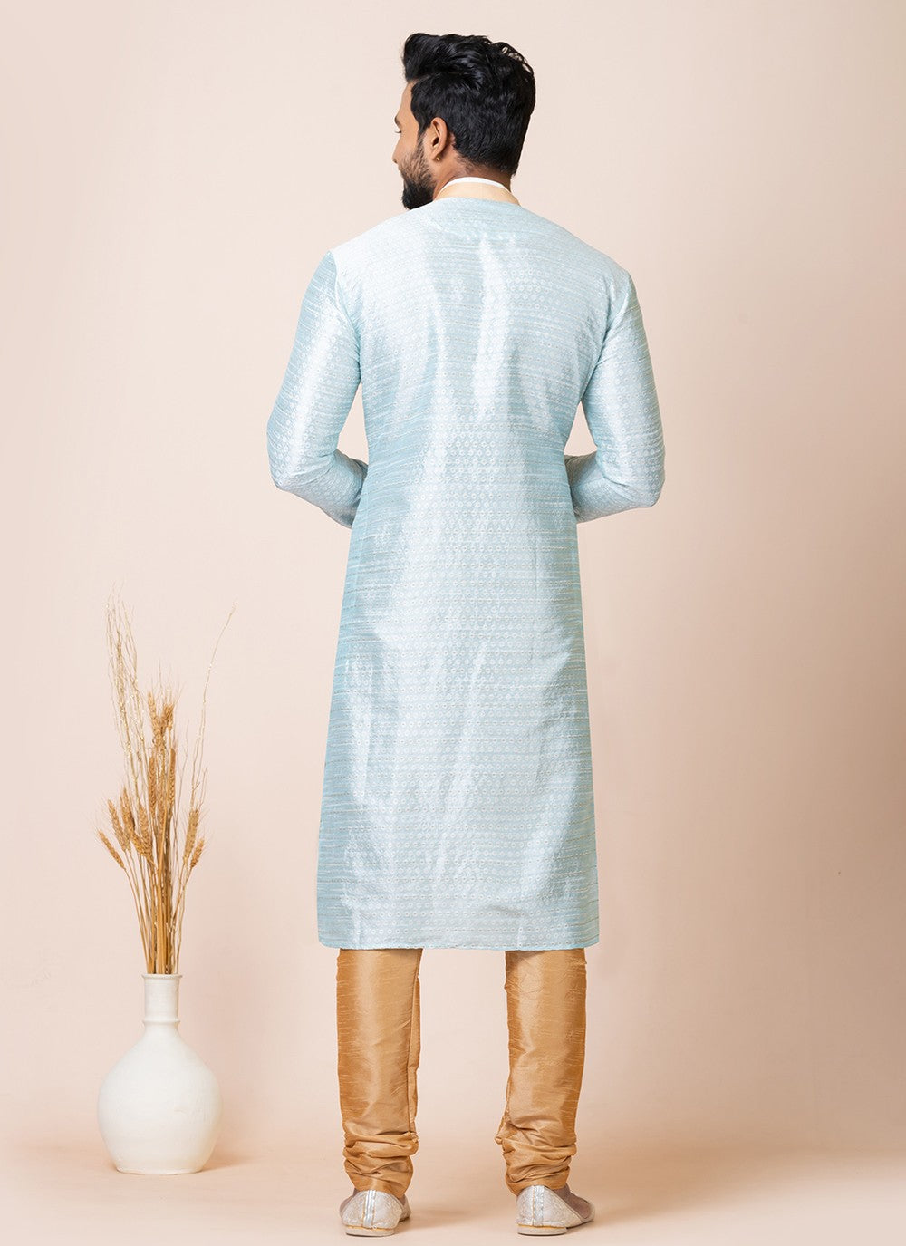 Jacquard Work Silk Aqua Blue Kurta Pyjama - M7521