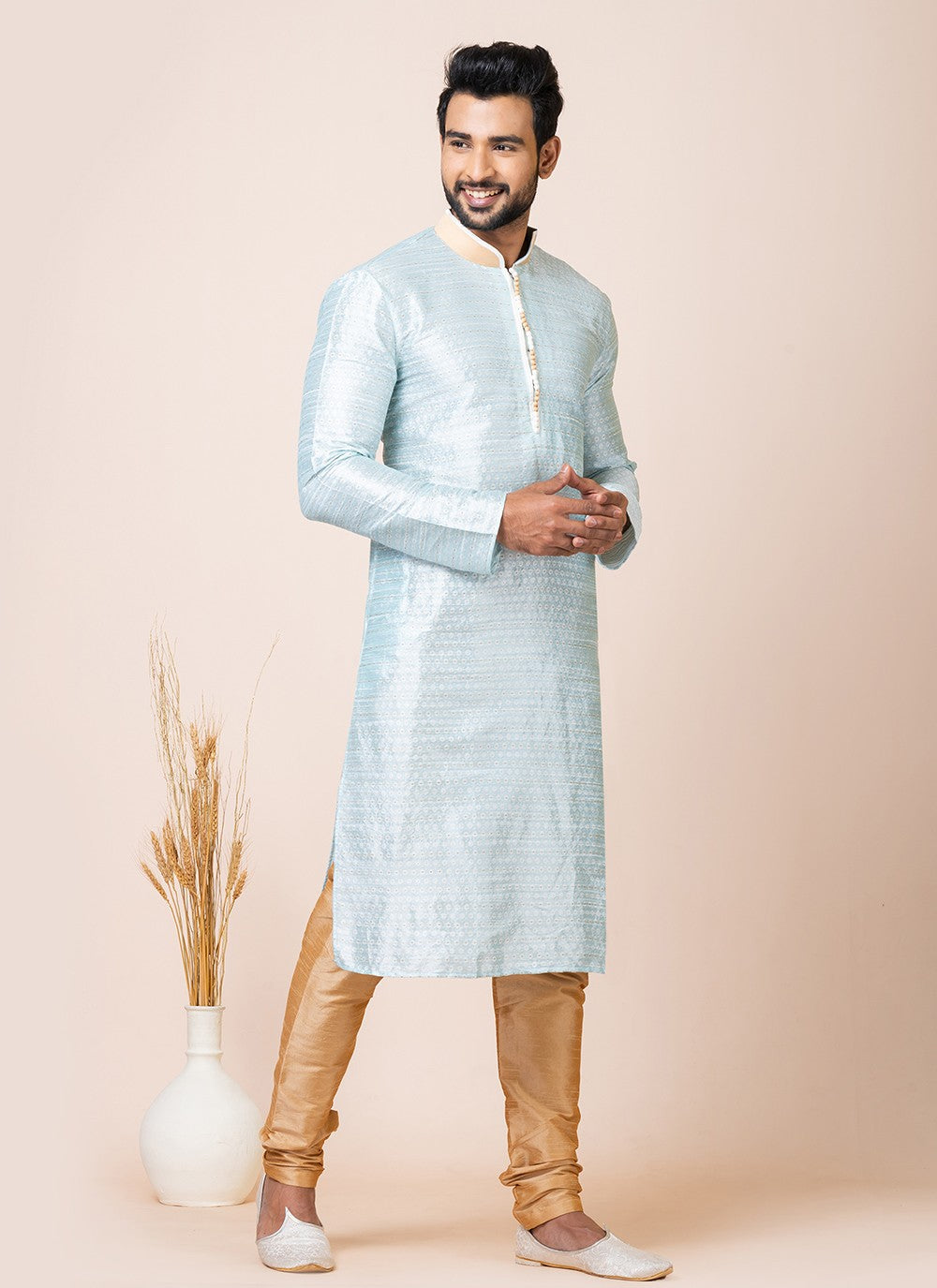 Jacquard Work Silk Aqua Blue Kurta Pyjama - M7521