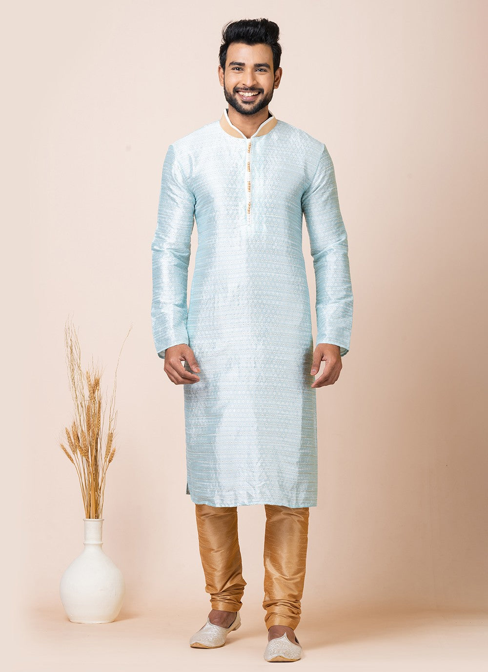 Jacquard Work Silk Aqua Blue Kurta Pyjama - M7521