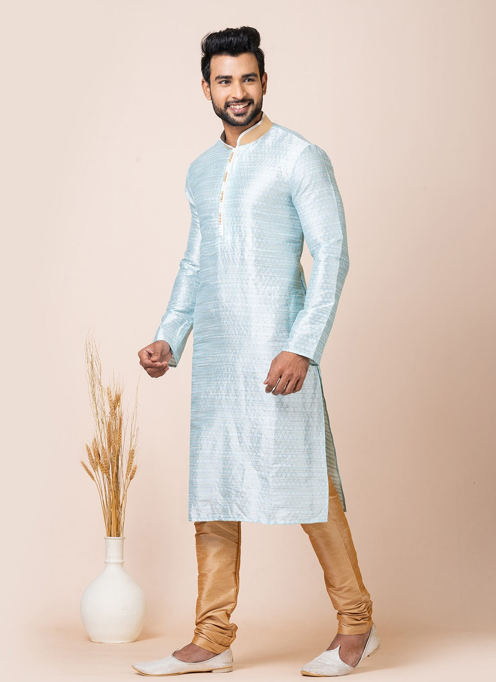 Jacquard Work Silk Aqua Blue Kurta Pyjama - M7521