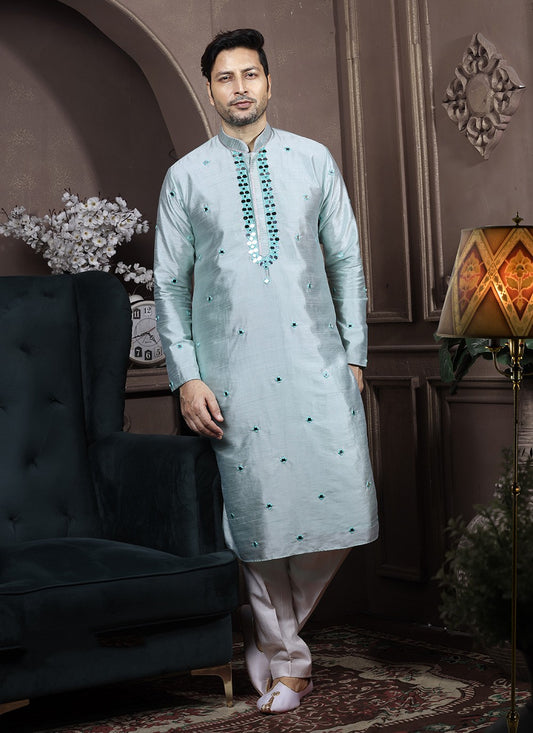 Embroidered Silk Aqua Blue Kurta Pyjama - M3627