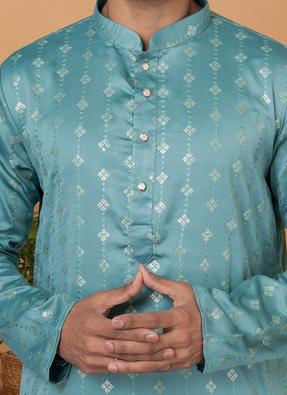 Embroidered Silk Aqua Blue Kurta Pyjama - M6265