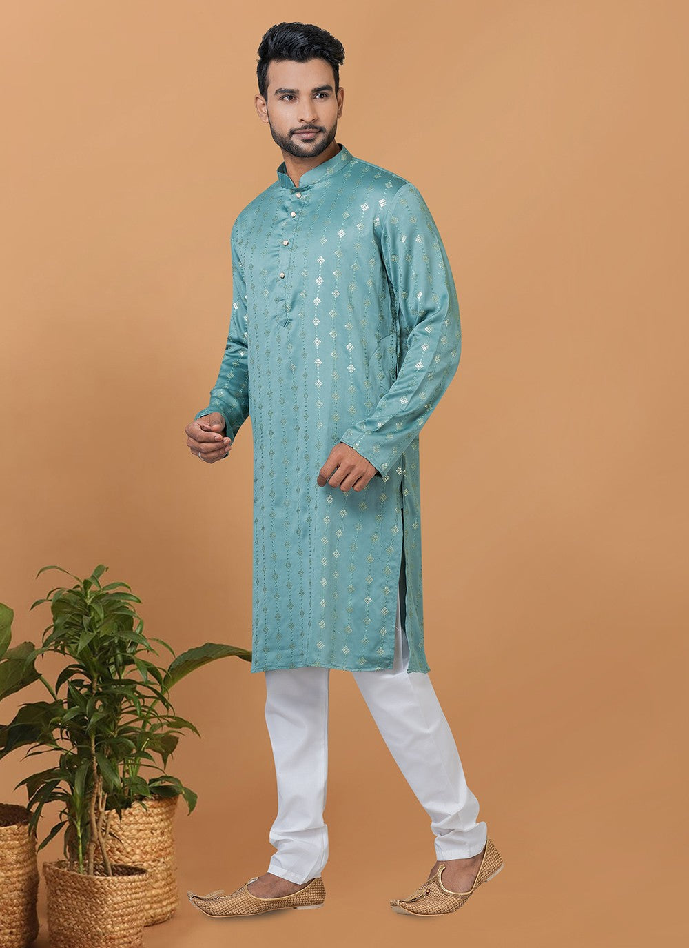 Embroidered Silk Aqua Blue Kurta Pyjama - M6265