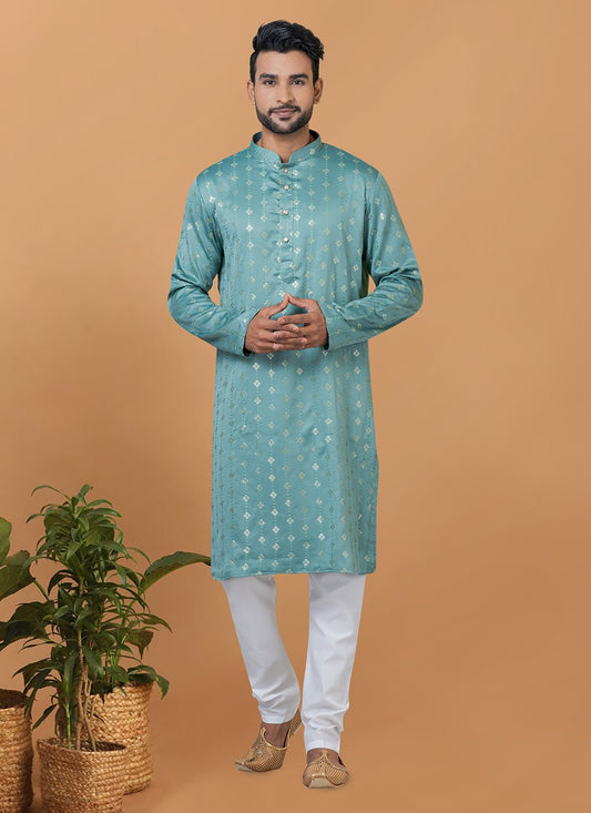 Embroidered Silk Aqua Blue Kurta Pyjama - M6265