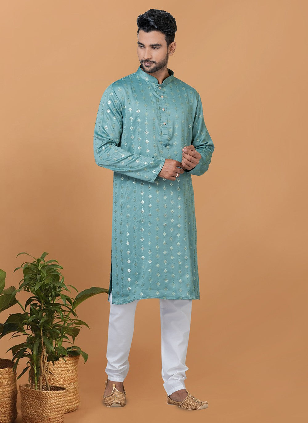 Embroidered Silk Aqua Blue Kurta Pyjama - M6265