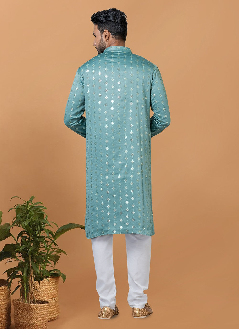 Embroidered Silk Aqua Blue Kurta Pyjama - M6265