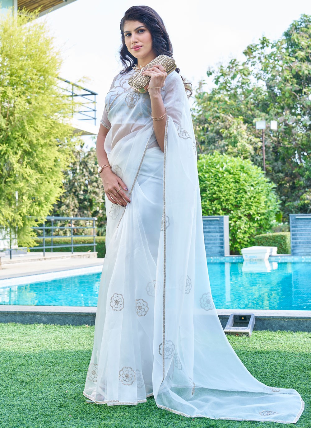 Cutdana, Swarovski Organza Saree - S11655