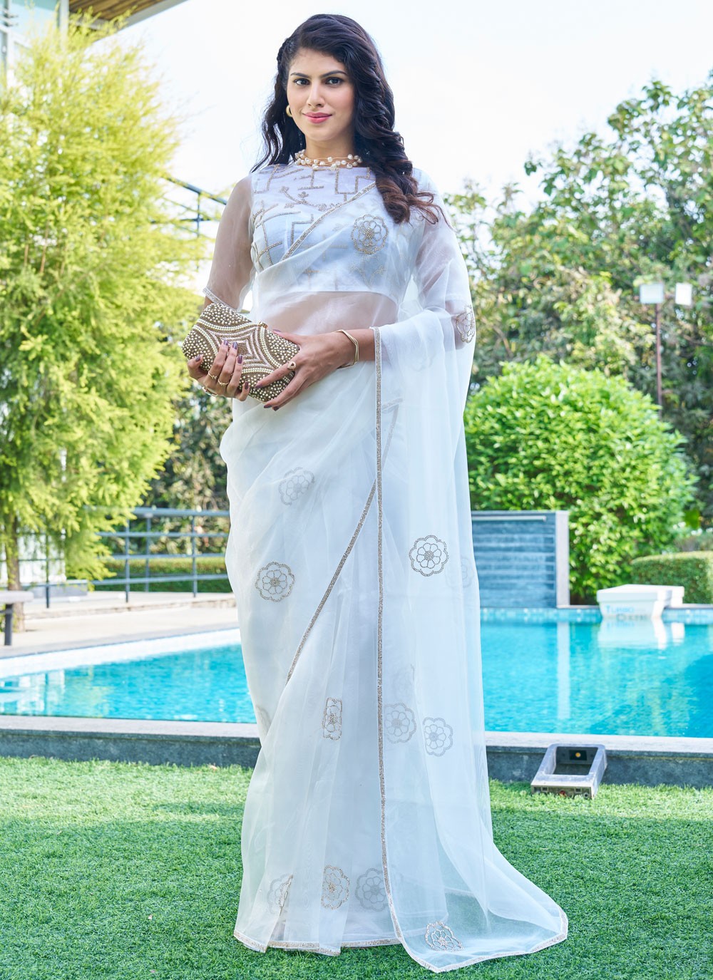 Cutdana, Swarovski Organza Saree - S11655