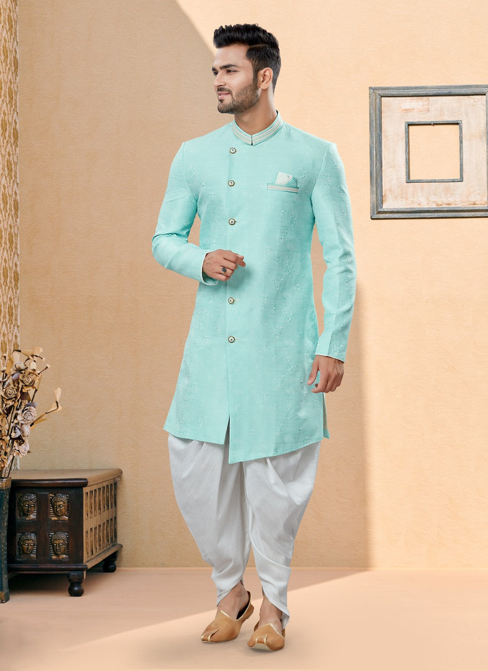 Thread Banarasi Jacquard Aqua Blue Indo Western Sherwani - M3886