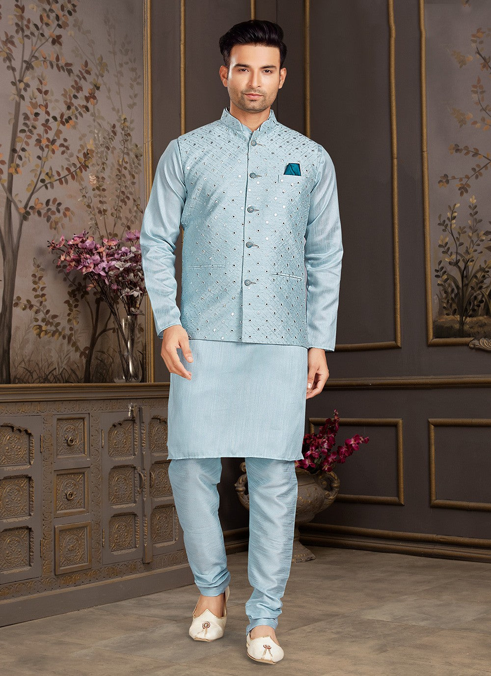 Mirror Silk Aqua Blue Kurta Payjama With Jacket - M3405