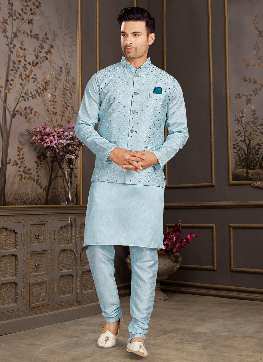 Mirror Silk Aqua Blue Kurta Payjama With Jacket - M3405