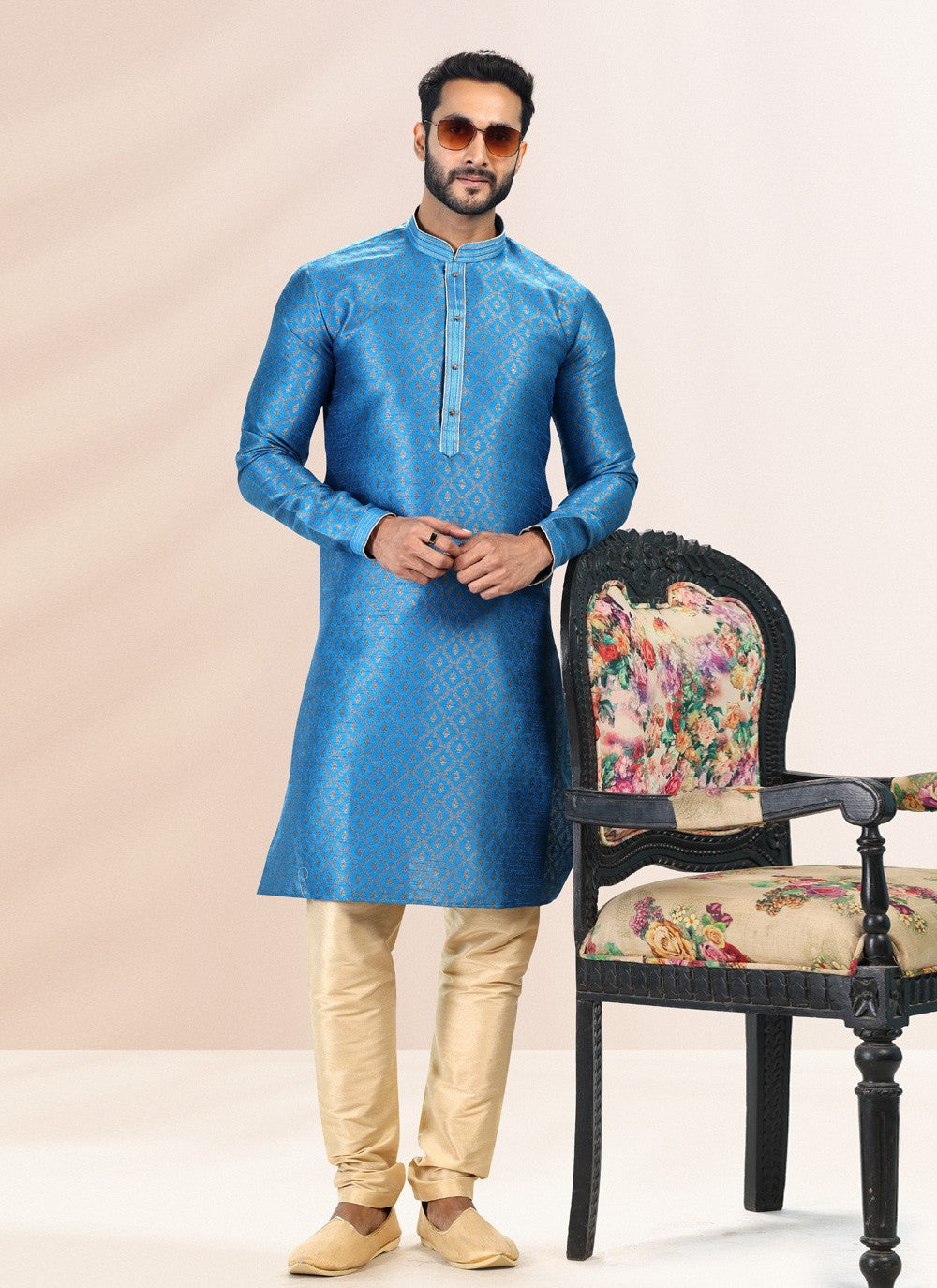 Fancy Work Banarasi Silk, Jacquard Aqua Blue Kurta Pyjama - M4840