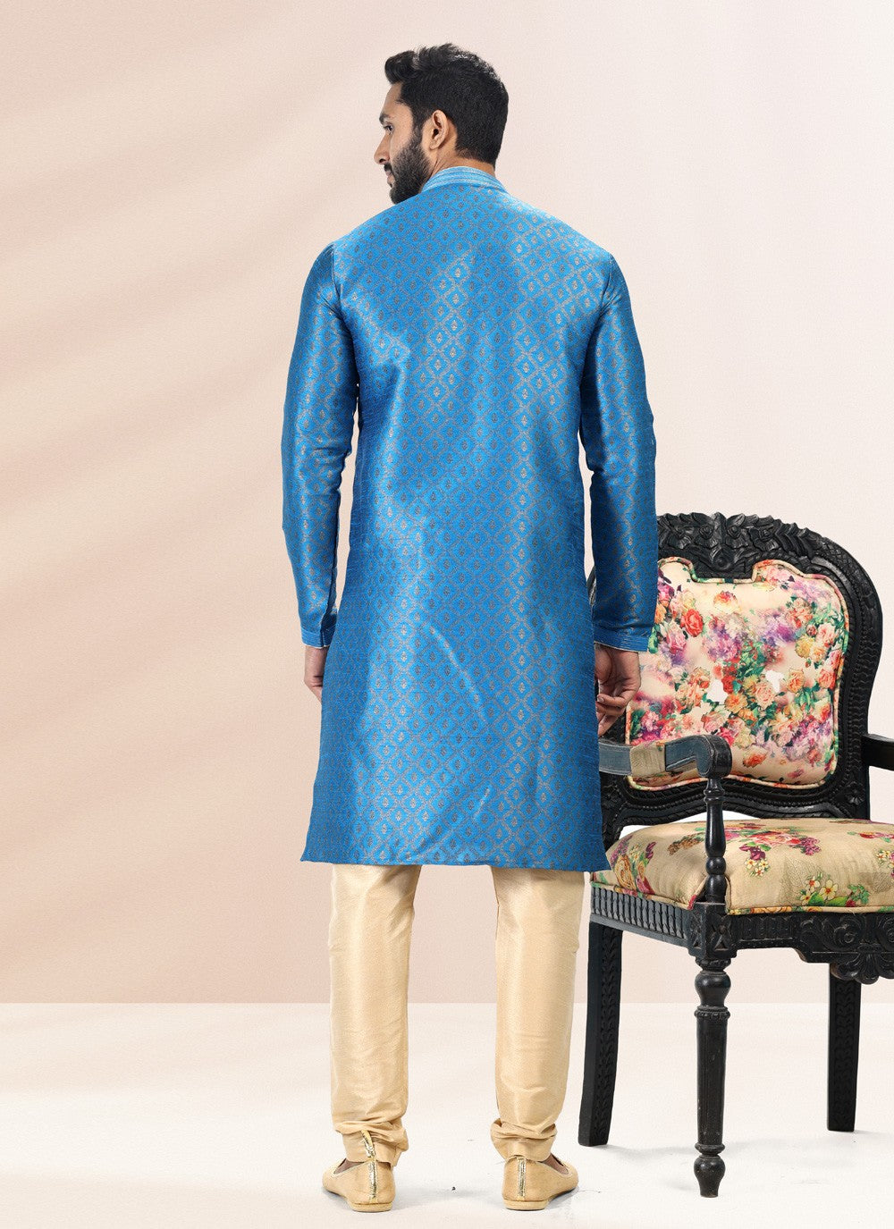 Fancy Work Banarasi Silk, Jacquard Aqua Blue Kurta Pyjama - M4840