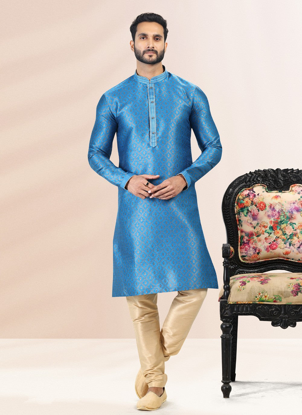 Fancy Work Banarasi Silk, Jacquard Aqua Blue Kurta Pyjama - M4840