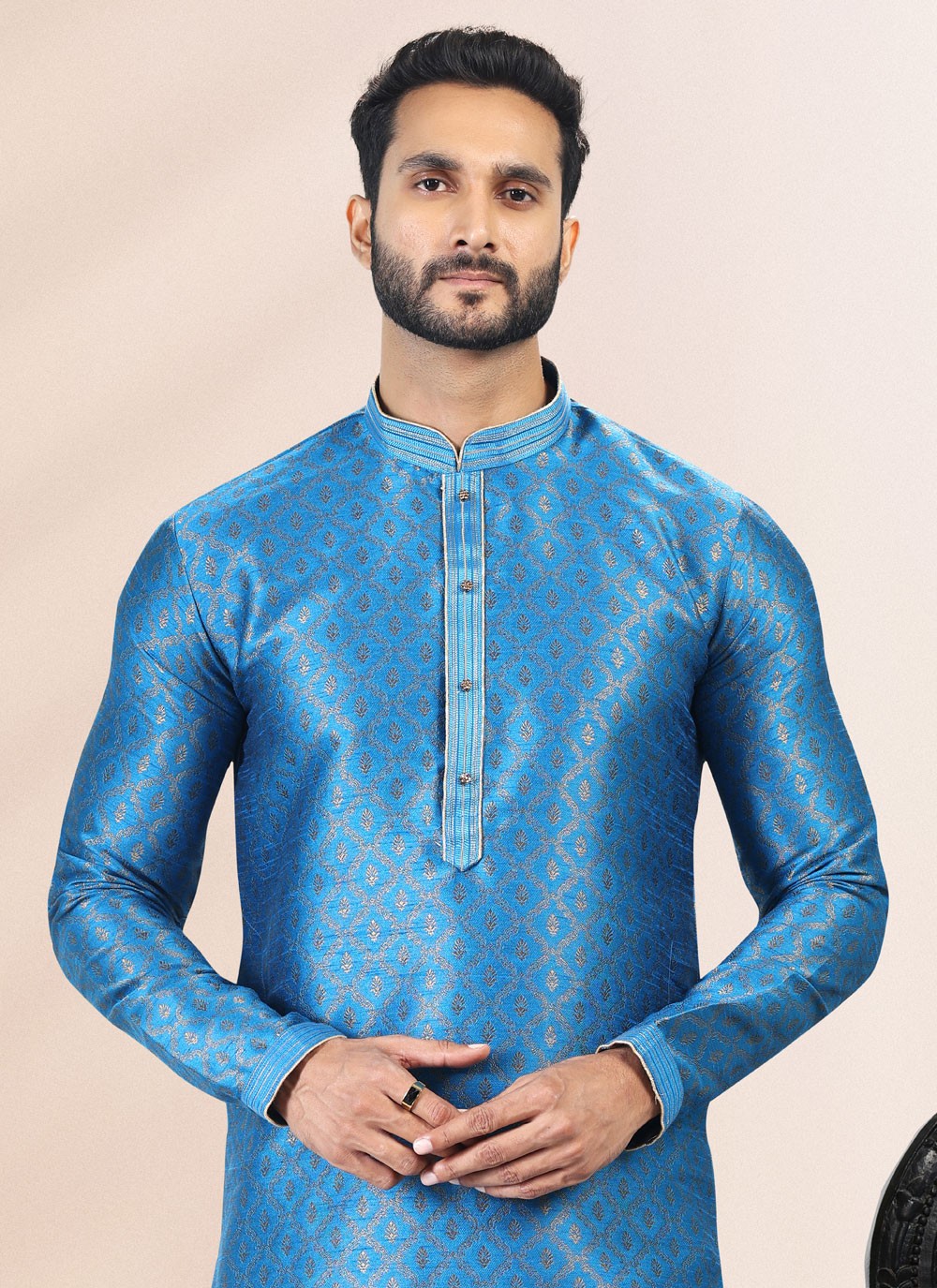 Fancy Work Banarasi Silk, Jacquard Aqua Blue Kurta Pyjama - M4840